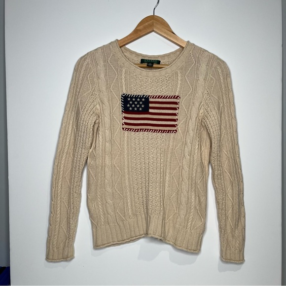 Ralph Lauren Sweaters - Ralph Lauren Cream Cable Knit Crewneck Sweater with Flag Patch